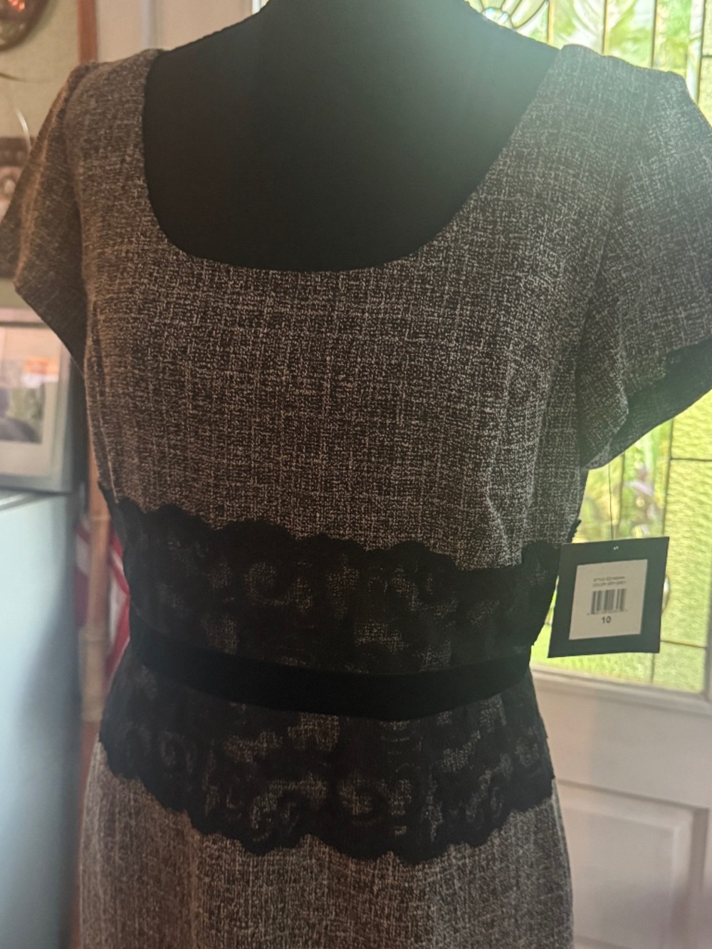 New w Tags Ellen Tracy Dress, Size 10 Gray with Black Lace Detail